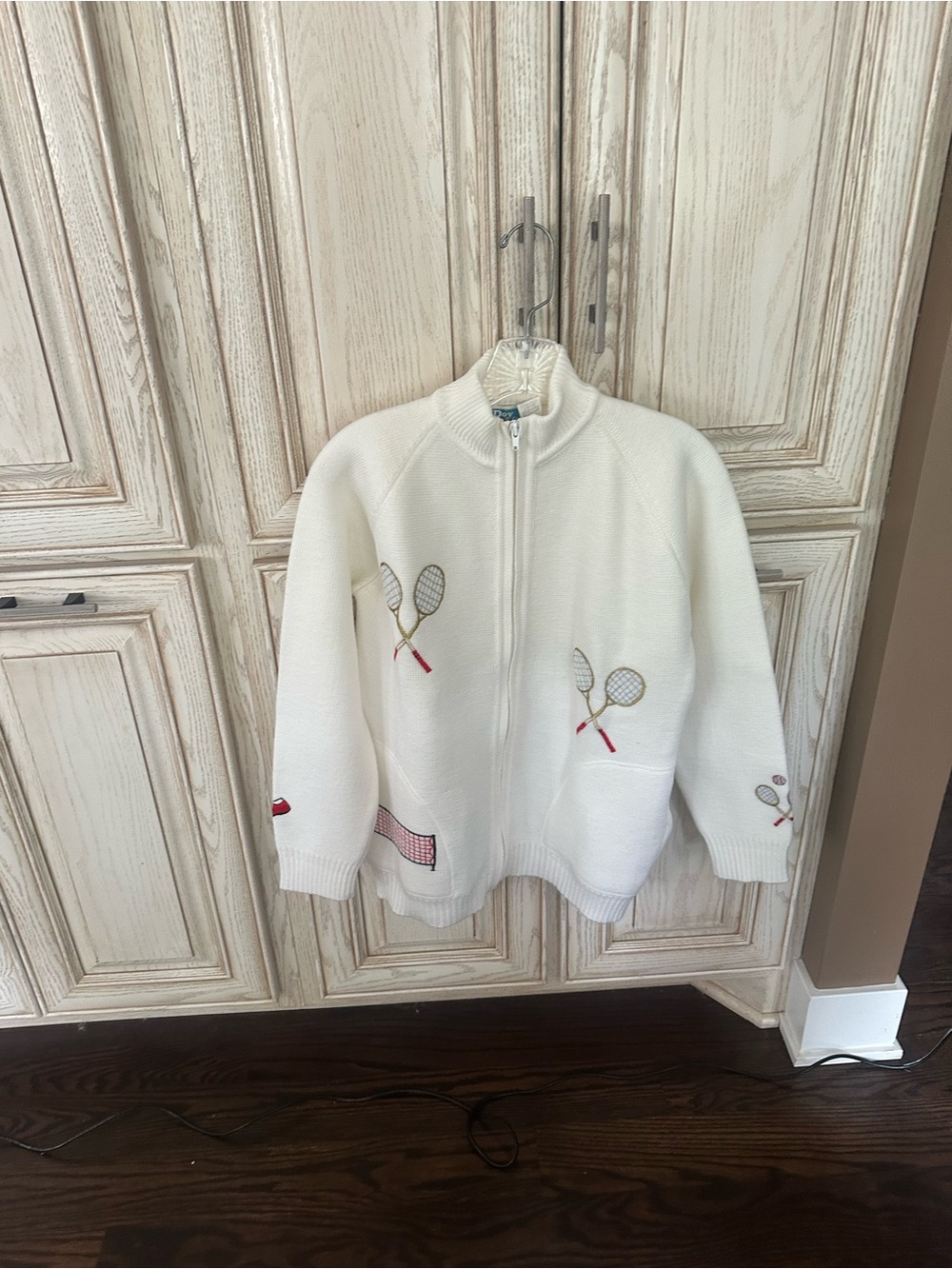 Vintage LeRoy Knitwear white Zip-Up Sweater with Tennis Embroidery